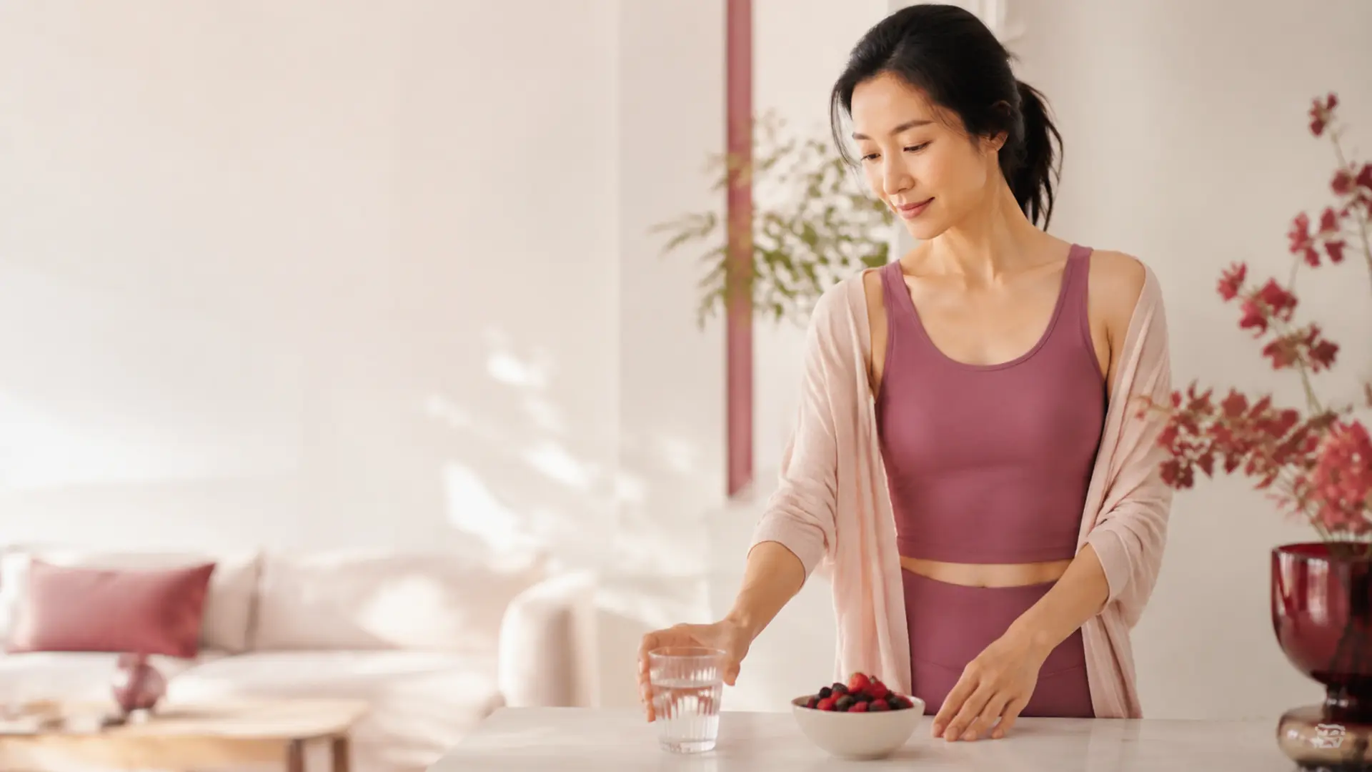 女性在自然晨光中开始日常健康生活